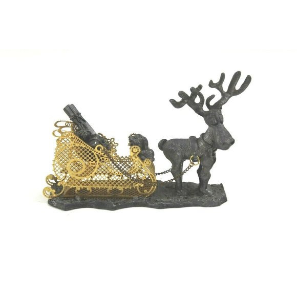 Pewter Ore Christmas Reindeer Pulling Sleigh With Puppy & Holiday Presents - Picture 1 of 7